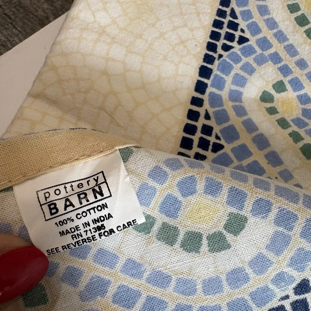 Pottery Barn Napkin Set (6) Cotton Cream Blue Green Yellow Mosaic Border 19